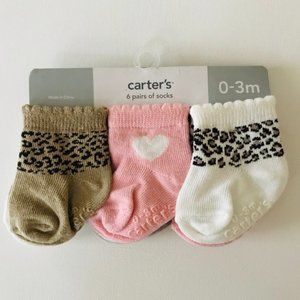 Carter's Baby Girl Newborn 3 Months 6-pk Socks Pink White Tan Heart Cheetah